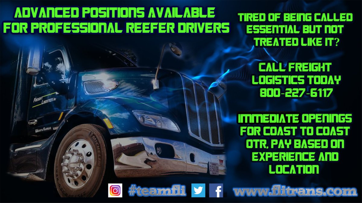 flitrans's tweet photo. Immediate openings for professional reefer drivers! Pay based on experience &amp; location, up to $0.52 CPM, stop&amp;drop pay, health &amp; dental &amp; vision insurance, pet&amp;rider policy, well maintained late model @PeterbiltMotors  579's.#teamfli #Hiring #Truckers #trucking #EssentialWorkers https://t.co/gmDqmYcV22