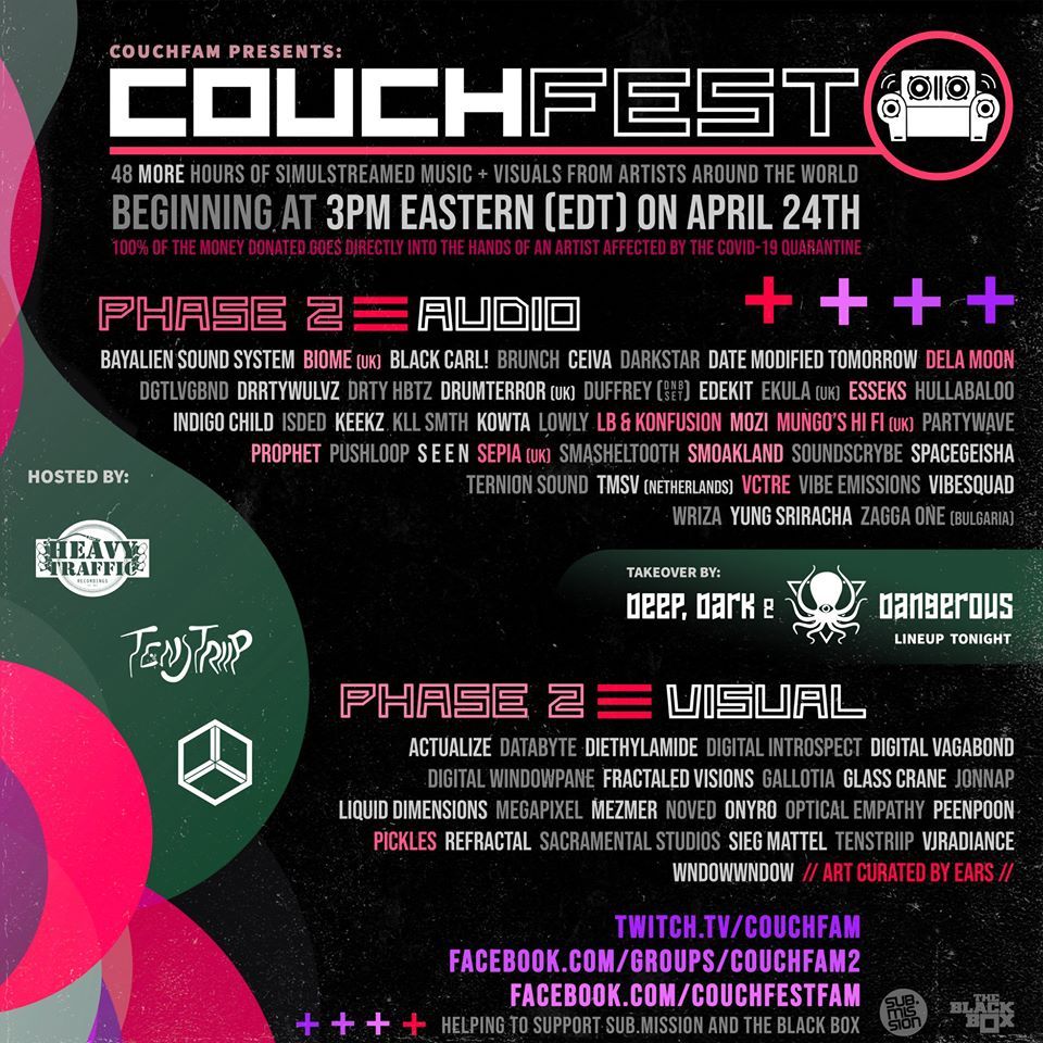 HypnoYogaOnline's tweet photo. CouchFest lineup is double extra crazy this time. the triple extra crazy good part is that Smasheltooth is playing on Friday at 11pm PST, so it's PARTYTIME!! https://t.co/KDGVgHxq1i
