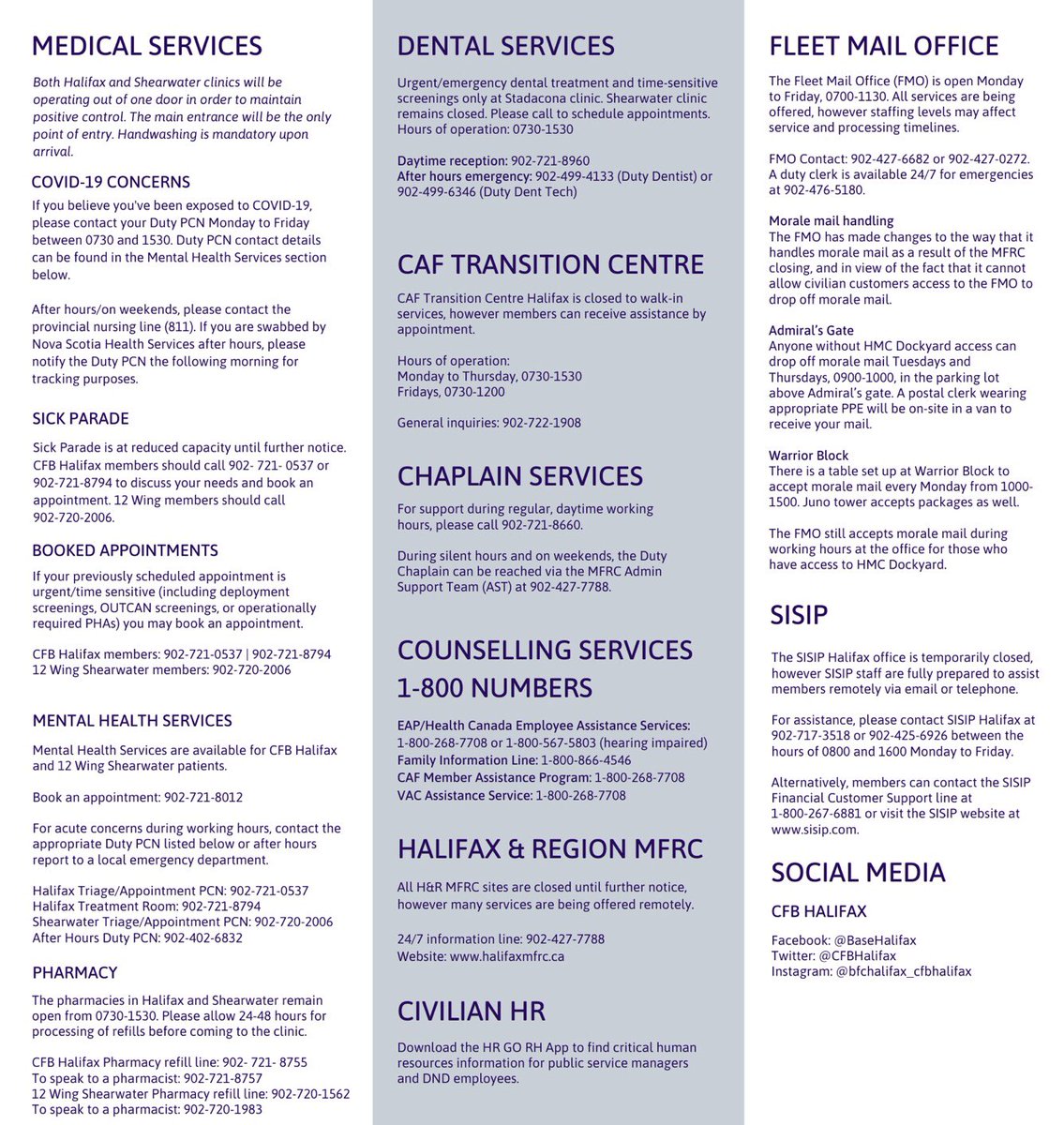 RCNintheUSN's tweet photo. Hey #cfbhalifax, attached is a quick reference guide to the core services available on the Base as of today. Though we do not have walk-in desks open, you can call or e-mail to book an appointment via the contacts provided. #halifaxbasecomd https://t.co/TmUGsZ2tRY