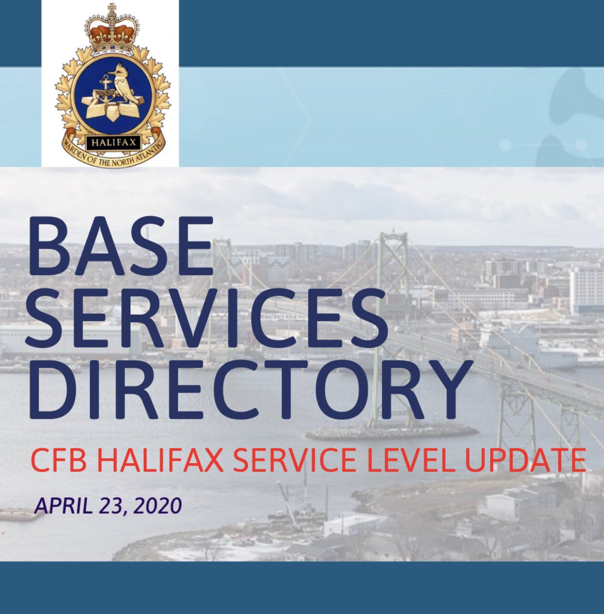 RCNintheUSN's tweet photo. Hey #cfbhalifax, attached is a quick reference guide to the core services available on the Base as of today. Though we do not have walk-in desks open, you can call or e-mail to book an appointment via the contacts provided. #halifaxbasecomd https://t.co/TmUGsZ2tRY