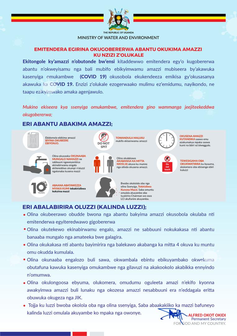 min_waterUg's tweet photo. #MWEworks: @min_waterUg continues to guide the Public on ways of controlling the spread of the #COVID19 pandemic. Let us all #StaySafe  and follow the guidelines set by @WHO and @MinofHealthUG. @KagutaMuseveni @HonKibuule @okidi64 @WHOUganda @UNICEFUganda @MosesWatasa @nbstv https://t.co/aCtl78NN4L