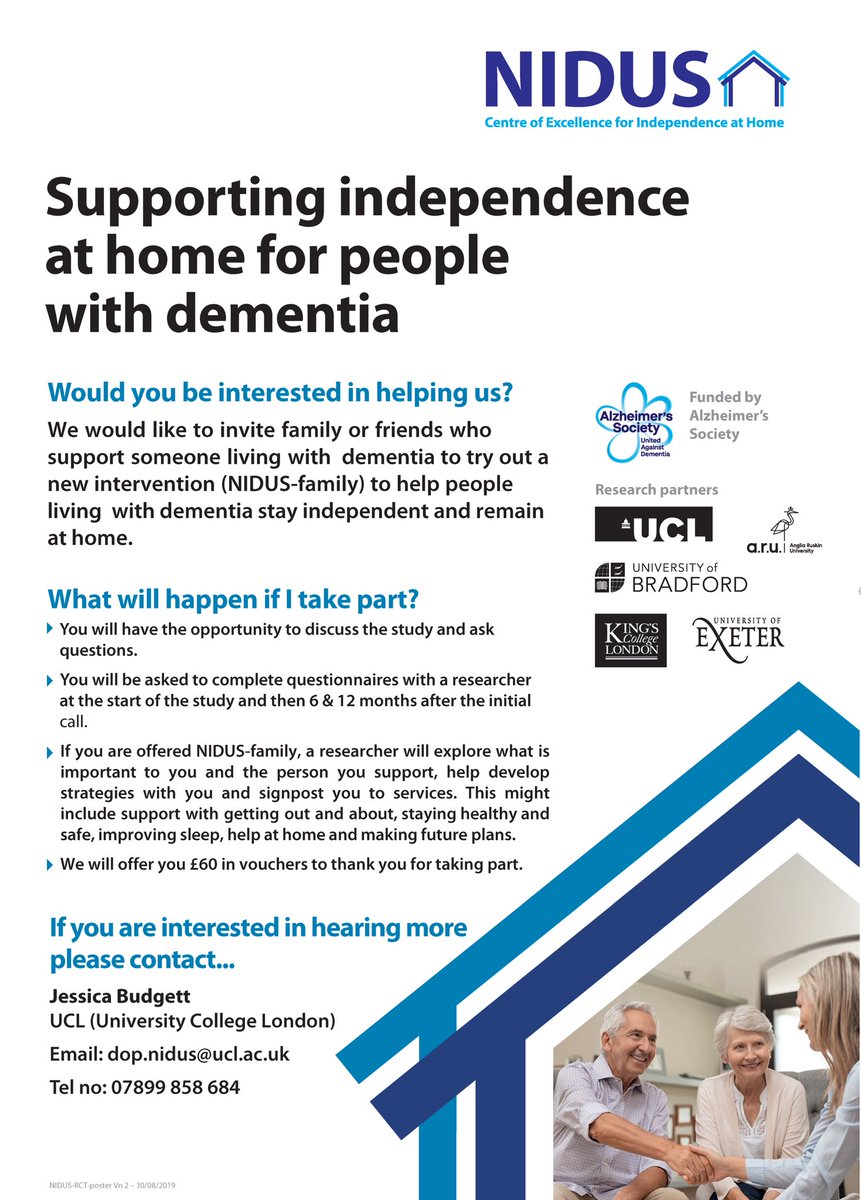 The NIDUS Study (@nidus_study) on Twitter photo We are recruiting family carers and people living with dementia for our <a href="/alzheimerssoc/">Alzheimer's Society</a> funded NIDUS-family study. If you are interested please email dop.nidus@ucl.ac.uk or contact study manager <a href="/JessicaBudgett/">Jessica Budgett</a> on 07899 858684. <a href="/Dementia_UoB/">Dementia at Bradford</a> <a href="/beatdementia/">Join Dementia Research</a> We are recruiting family carers and people living with dementia for our <a href="/alzheimerssoc/">Alzheimer's Society</a> funded NIDUS-family study. If you are interested please email dop.nidus@ucl.ac.uk or contact study manager <a href="/JessicaBudgett/">Jessica Budgett</a> on 07899 858684. <a href="/Dementia_UoB/">Dementia at Bradford</a> <a href="/beatdementia/">Join Dementia Research</a>