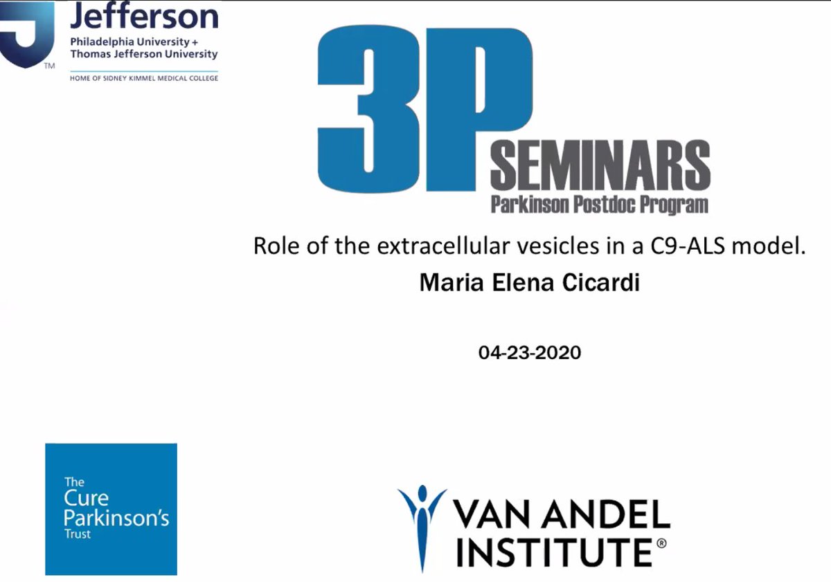 The first speaker will be Maria Cicardi from  @JeffersonUniv & she will be discussing the potential role of extracellular vesicles in ALS in seeding toxicity between neighbor cells and which are aberrant mechanisms that lead to cell death in recipient cells