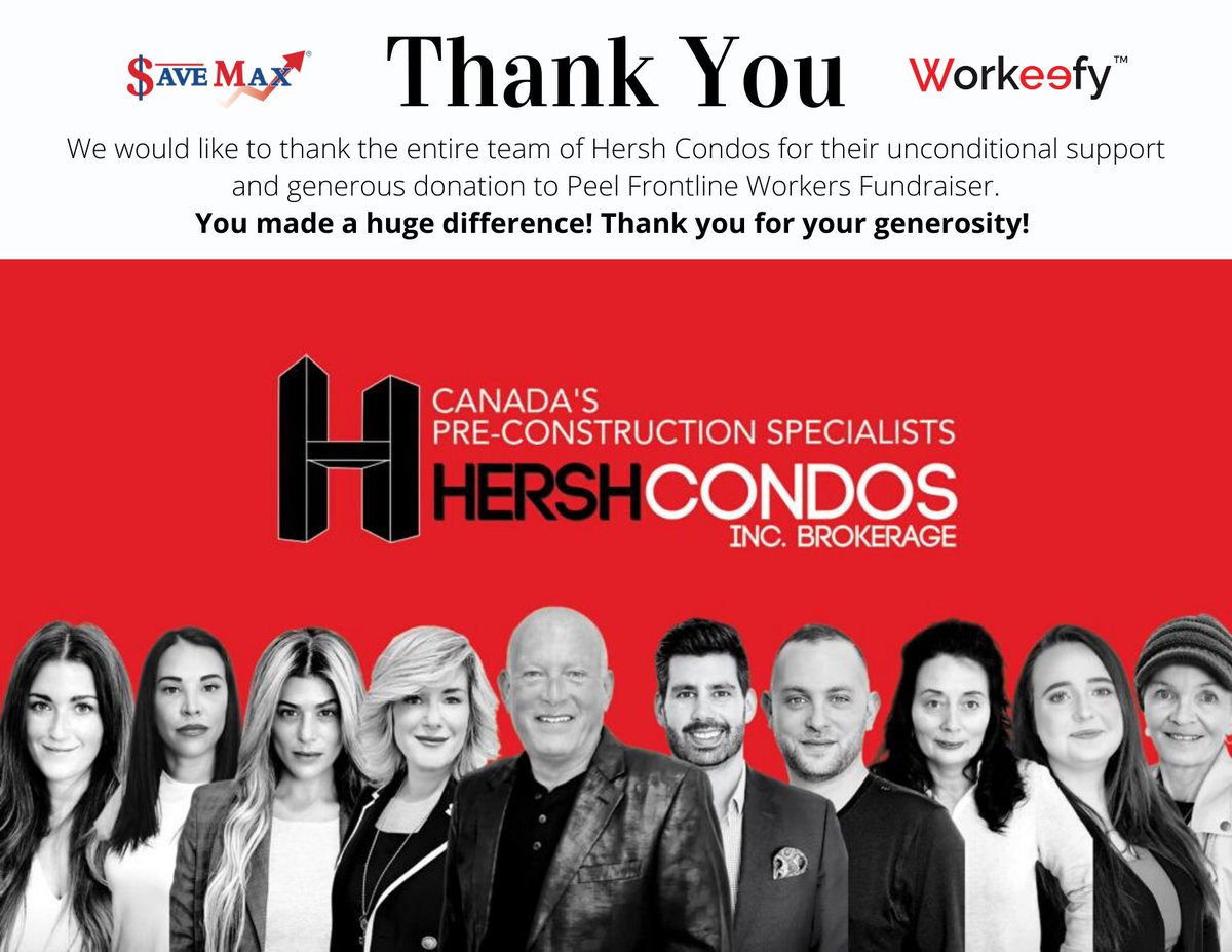 SaveMaxRealty's tweet photo. Thank you @hershcondos  for your generous donation to help support Peel Frontline Workers to fight #COVID19 Pandemic.
Each dollar will go directly towards supporting and keeping all frontline workers safe.
To Donate, Please Visit: https://t.co/wzZdCpXHgd https://t.co/wKranHOdZA