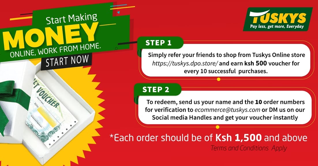 TuskysOfficial's tweet photo. @TwinLawi @PrinceRaymondKe This is ths latest #AnkoWaTuskys #MakeMoneyFromHom challenge. You can join by creating an account 👉 https://t.co/xDx6ns3jwz to refer and track your referrals .^MC https://t.co/fJ18YZqC9E