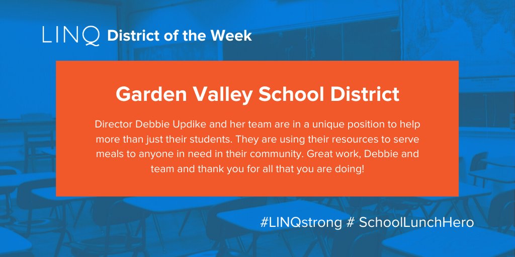 LINQK12's tweet photo. This week we'd like to recognize the Garden Valley School District in Idaho! Thank you Debbie Updike and team for your hard work! Want to nominate a #schoollunchhero to be our District of the Week? Tell us your story using #LINQStrong. https://t.co/bbrT6ouOXQ