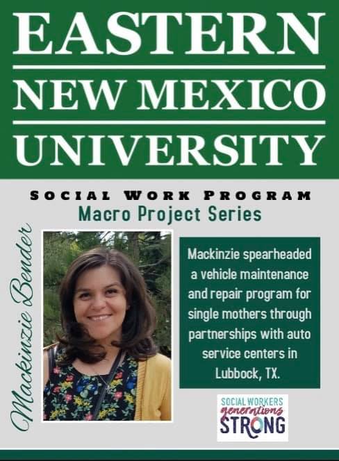 SASWatENMU's tweet photo. The ENMU Social Work Program is recognizing BSW students for their creativity and ingenuity by creating change for their community. Today, we are recognizing Mackinzie Bender! #MacroSW #SWGenerationsStrong #SocialWorkStrong #ENMU #StudentSocialWorkers https://t.co/sptfg1Qz1j