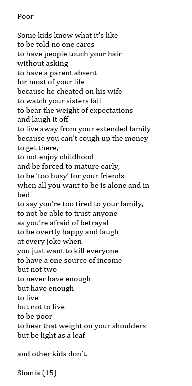 Or individual poets like Shania might like to write their own. It's a great structure. It holds people and their anger.