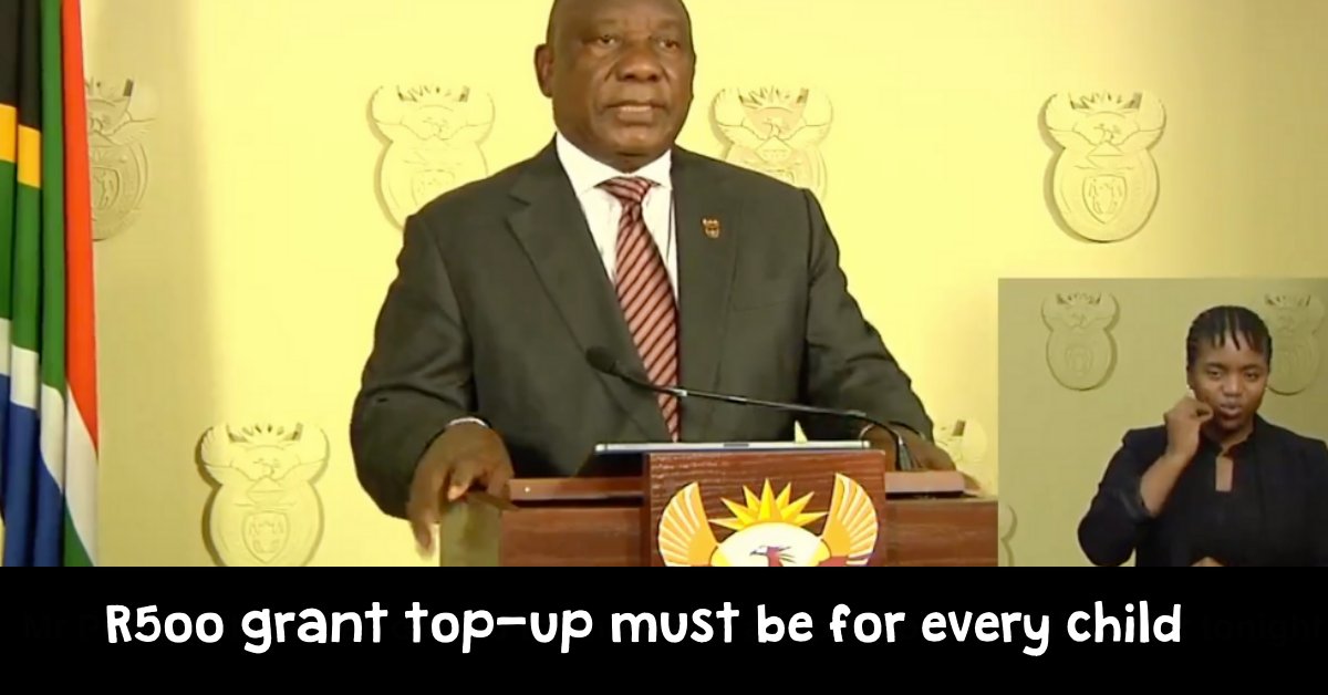 .<a href="/PresidencyZA/">The Presidency 🇿🇦</a> <a href="/CyrilRamaphosa/">Cyril Ramaphosa 🇿🇦</a> will you keep your commitment of R500 top-up of child grant per beneficiary? <a href="/The_DSD/">Social Development</a> <a href="/OfficialSASSA/">SASSA</a> are now saying top-up only per caregiver. Pls confirm <a href="/tito_mboweni/">Tito Mboweni</a> <a href="/TreasuryRSA/">National Treasury</a> have allocated R50 billion for social grants #TopUpTheCSG