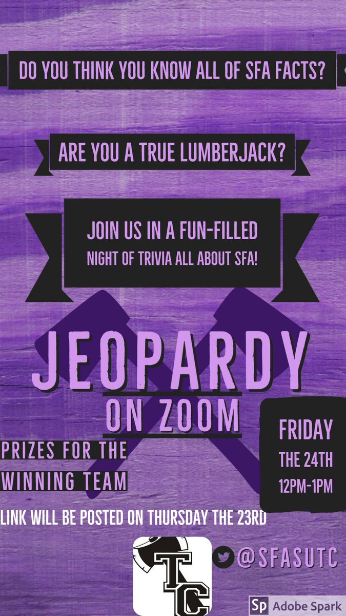 ramirezair07's tweet photo. Hey SFA students!! Traditions Council is hosting a jeopardy tomorrow at noon, so please Dm us y'alls team and who's participating (up to 4 people). See y'all then!! https://t.co/Fd3N4smVha