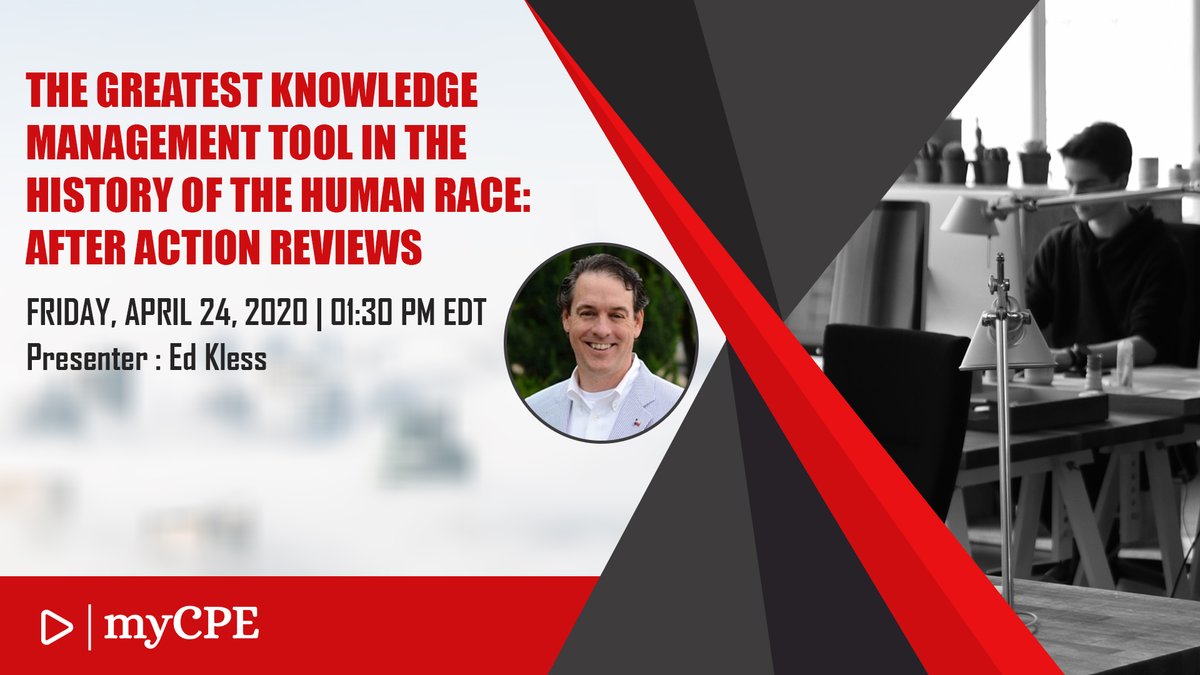 myCPE's tweet image. THE GREATEST KNOWLEDGE MANAGEMENT TOOL IN THE HISTORY OF THE HUMAN RACE: AFTER ACTION REVIEWS

You can register for the webinar using this link: bit.ly/2Ksg3o0

#knowledgemanagementtools #AfterActionReview #livewebinar #knowledgemanagement #cpewebinar #CPA