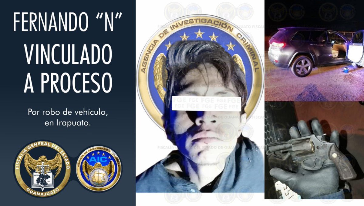 FGEGUANAJUATO's tweet photo. #FGEInforma El agente del Ministerio Público obtuvo que Fernando “N” quede en prisión, vinculado a proceso, imputado en participar en el robo con violencia de una camioneta en #Silao, fue detenido tras una persecución cuando escapaba rumbo a #Irapuato, portando un arma de fuego. https://t.co/t07PdtS61u