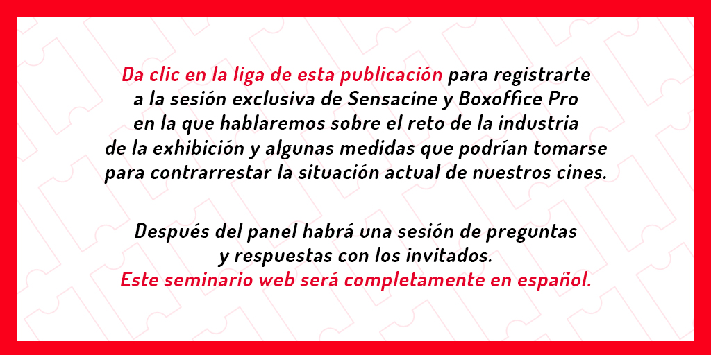webedialatam's tweet photo. No te pierdas la sesión exclusiva de 
@SensaCineMx y @BoxOffice en la que líderes hispanoamericanos de la industria cinematográfica global hablarán sobre los retos que atraviesa el cine en la actualidad y cómo contrarrestarlos. Regístrate en https://t.co/LzlRphODSa
#QuedateEnCasa https://t.co/R6fiyHCIuW