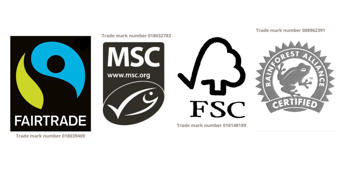 Certification marks, a specific type of trade mark, can also help companies bolster their environmental credentials.Rainforest Alliance:  https://euipo.europa.eu/eSearch/#details/trademarks/008962391MSC:  https://euipo.europa.eu/eSearch/#details/trademarks/018032783Fair Trade:  https://euipo.europa.eu/eSearch/#details/trademarks/018039409FSC:  https://euipo.europa.eu/eSearch/#details/trademarks/018148189