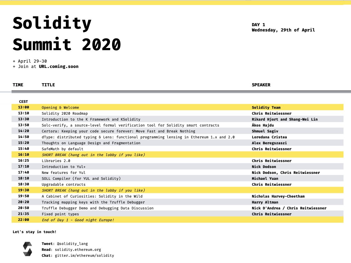 solidity_lang's tweet photo. Only a few days left until #SoliditySummit kicks off! We're looking forward to interesting talks &amp; conversations. Since we're especially curious about your input on language design questions, we included many open discussions into the program. Join here: https://t.co/p8D7zTk6SK https://t.co/Cw5lZioMot