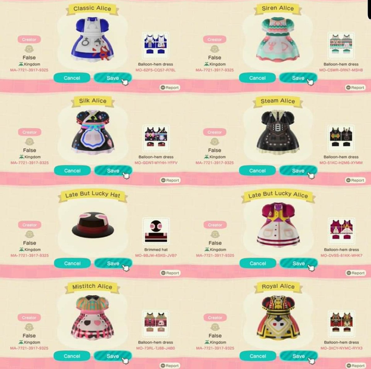If anyone loved Alice: Madness Returns and you play Animal Crossing, here's  some of Alice's dress designs! Designer code in the pic!! Found in the QR  ACNH Facebook group