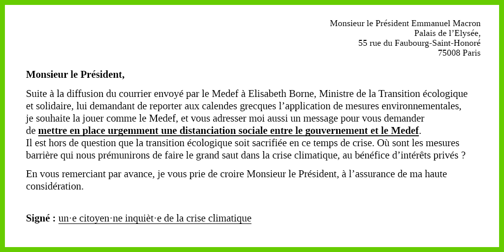 greenpeacefr's tweet photo. Toi aussi #JoueLaCommeLeMedef, Twitter !

Envoie un message au @gouvernementFR en postant ce visuel et en tagguant @EmmanuelMacron. On veut de la distanciation sociale entre le #Medef et le gouvernement ! https://t.co/yuTl8QJ0dt