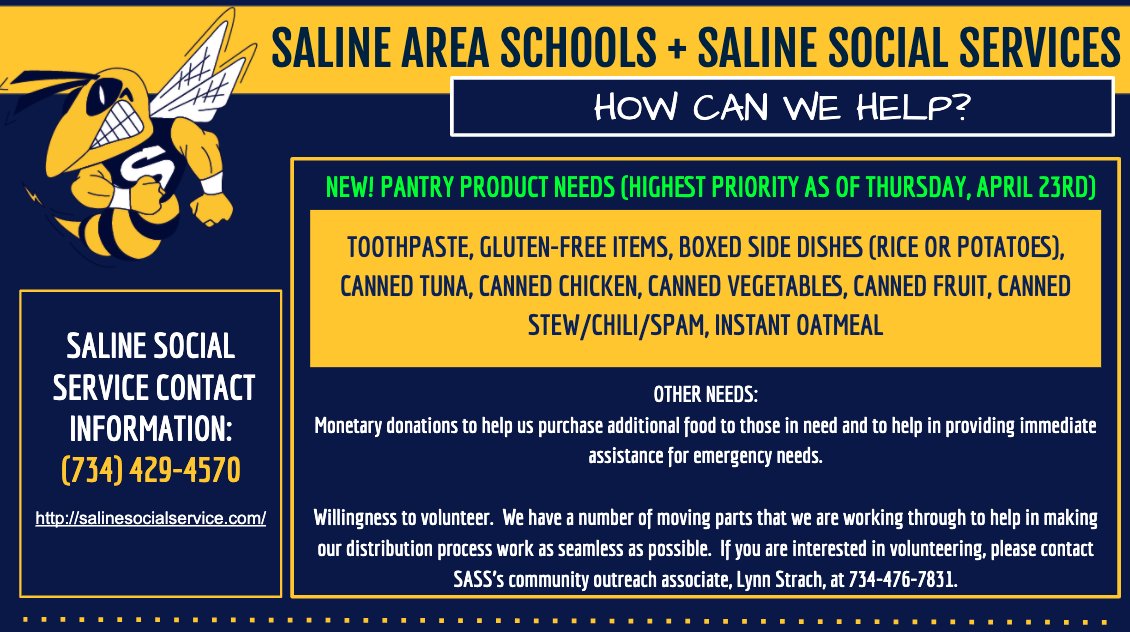 🚨UPDATED NEEDS from Saline Area Social Services. 
Open for donations on Friday and Saturday from 10am-12pm - drop at the back door! #SASCompass