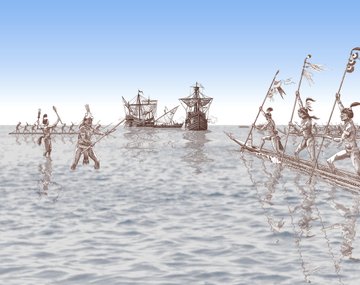 illustration of Calusa people in the water and in their own ships meeting Spanish ships