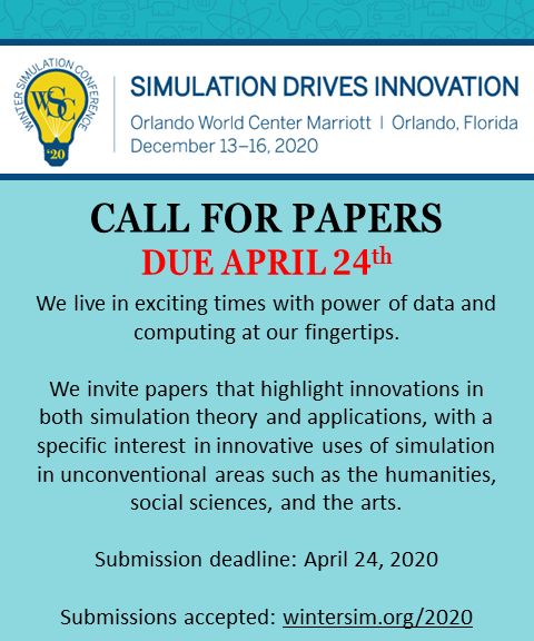 April 24th is tomorrow, and that means time is running out! This is your final chance to submit your paper for the #WSC2020 in Orlando, Florida! Submissions are due Friday, April 24th. Submit today: meetings2.informs.org/wordpress/wsc2…