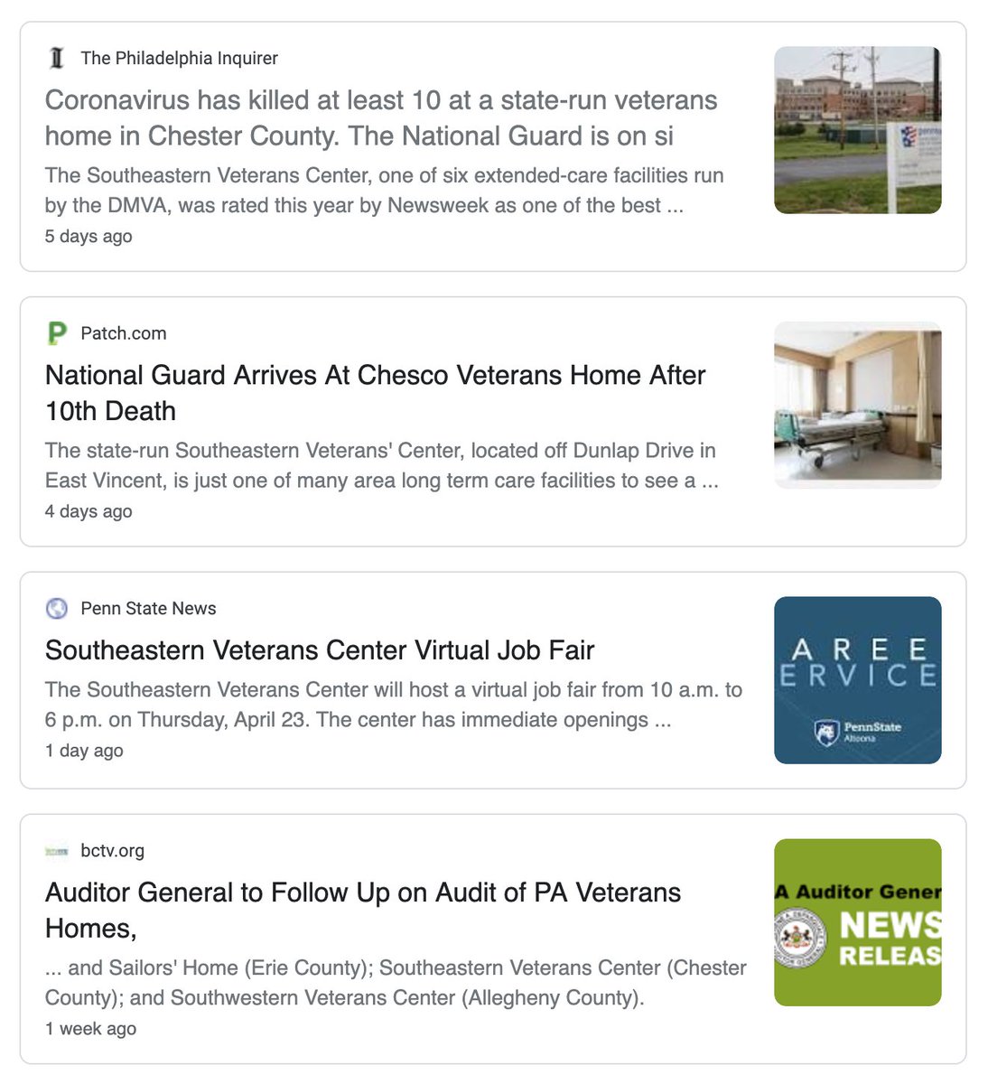 6/ A quick news search on "Southeastern Veterans Center" yields the following stories. The rest of the tale will play out in dramatic fashion. National Guard called in, fired staff needs to be replaced, auditor sent to sort our scandal.