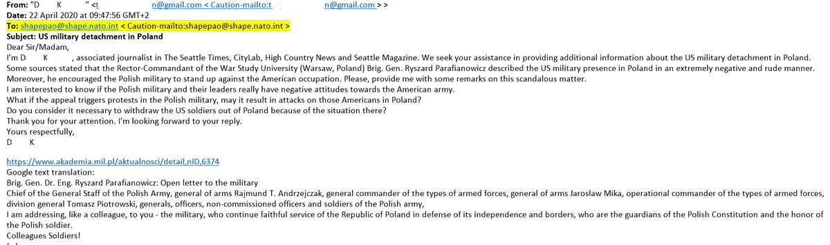 STEP 2 – mailingEmails were sent to different institutions, both national and intern. with a request to comment on the Commander’s letter. For this purpose, the hackers used email addresses, presumably hacked, of a former Polish MP and an US journalist.4/8