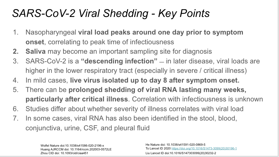 Key points from this presentation and the last two about viral shedding, with references.