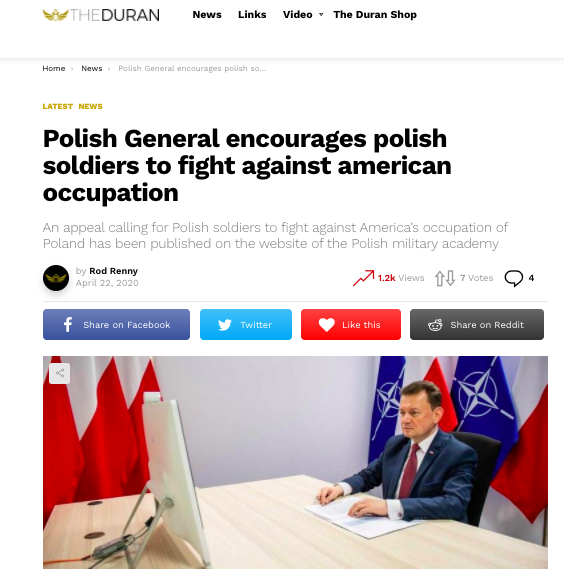 STEP 3 – distribution of false contentAn English language website notorious for apmplfying the Russian disinformation posted a piece about the alleged letter by the War Studies University’s commander.5/8