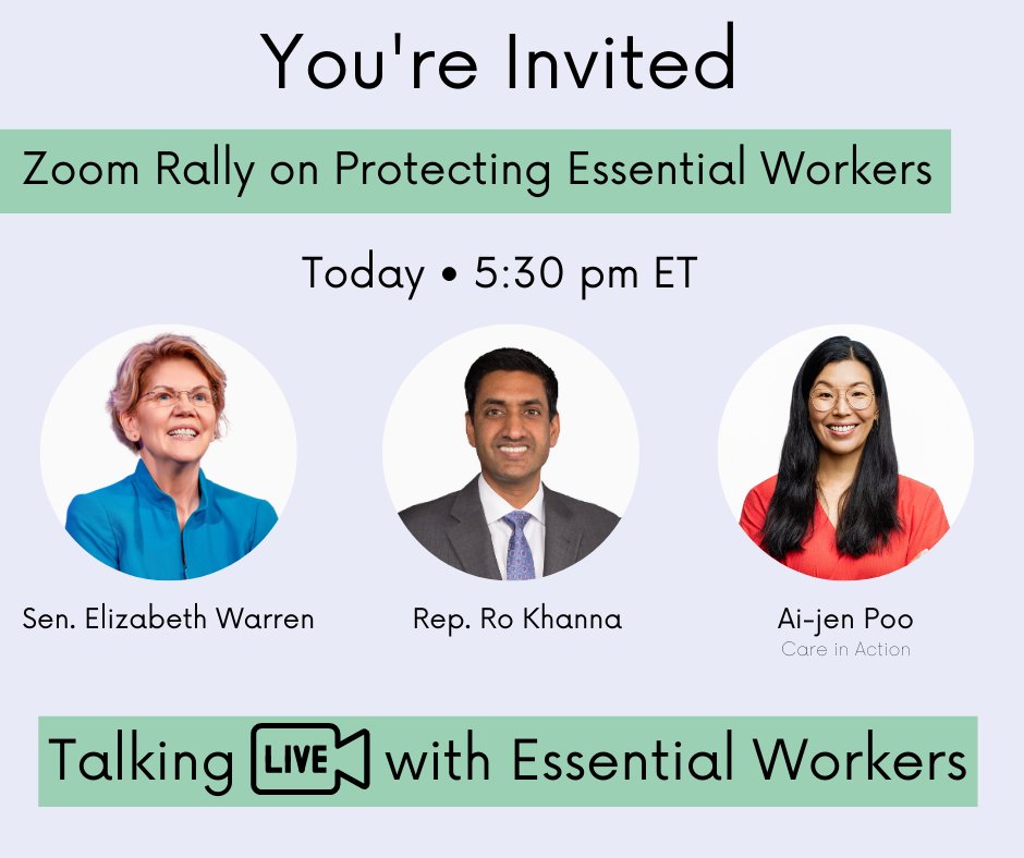 WorkingFamilies's tweet image. Join us today at 5:30pm EST for a talk with Sen. @ewarren, Rep. @RoKhanna, &amp;amp; @aijenpoo about the need for an Essential Workers Bill of Rights, and the opportunity to ask questions about how Congress can do better by us. #ProtectEssentialWorkers

RSVP: ProtectingEssentialWorkers.org