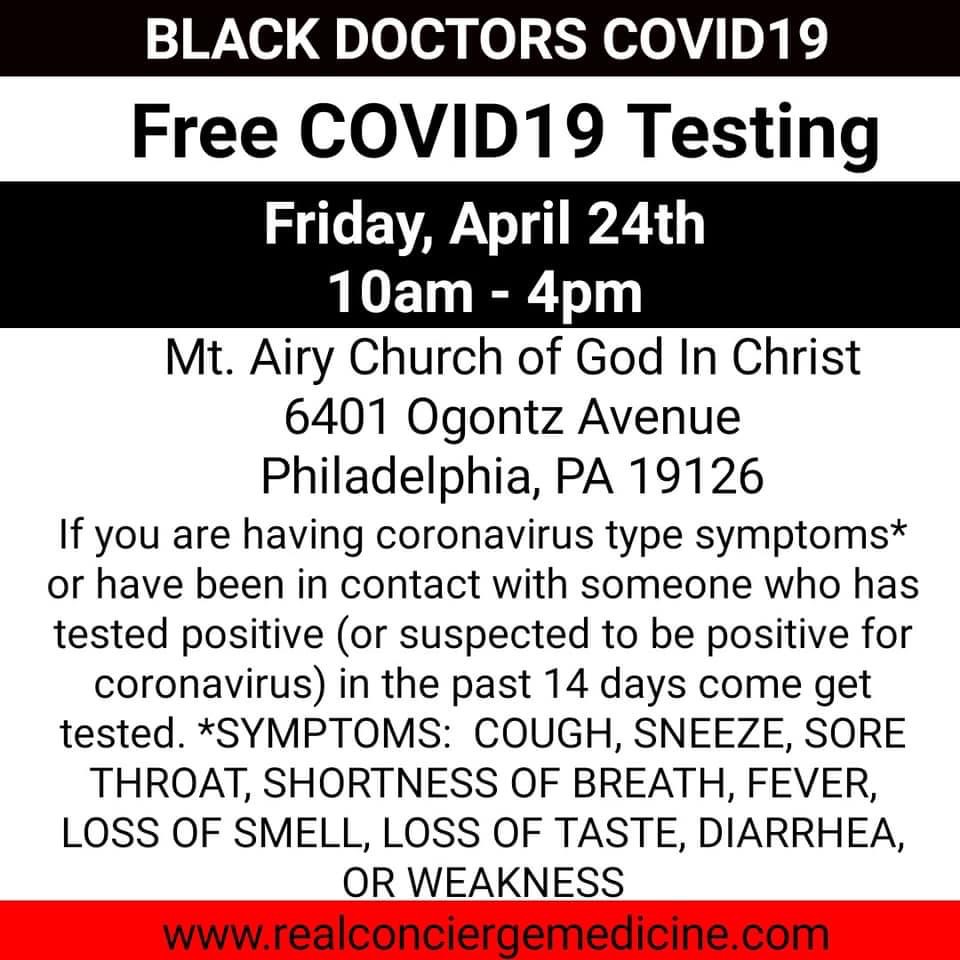 The Black Doctors COVID-19 Consortium will be conducting more FREE testing this Friday, April 24th at <a href="/mtairycogic/">Mt. Airy Youth Dept</a> from 10am-4pm. Please come out if you are experiencing any of the trademark symptoms you see noted here.