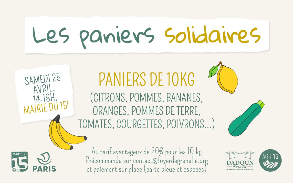 La Ville de <a href="/Paris/">Paris</a>, la <a href="/mairie15/">Mairie du 15</a> et <a href="/groupedadoun/">Groupe Dadoun</a> organisent une opération «Paniers solidaires» destinée aux familles modestes de la capitale samedi 25 de 14h à 18h à la Mairie de #Paris15 #solidarite #sante #COVID19 Inscription : contact@foyerdegrenelle.org