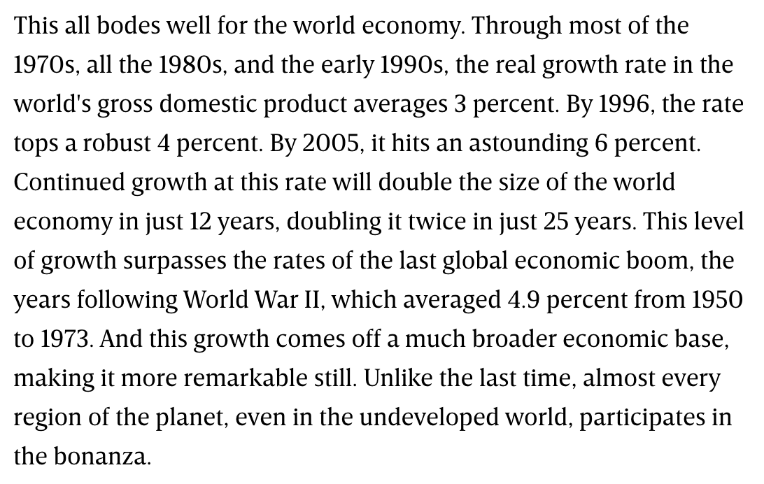 Trade deals were a feature, not a bug, you see. We can fuel the global economy with "openness" and "juicing" because trade always means jobs etc etc (from  @wired's 1997 piece "The Long Boom: A History of the Future, 1980-2020")