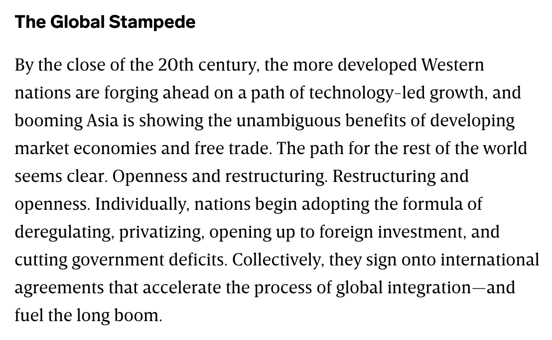 Trade deals were a feature, not a bug, you see. We can fuel the global economy with "openness" and "juicing" because trade always means jobs etc etc (from  @wired's 1997 piece "The Long Boom: A History of the Future, 1980-2020")