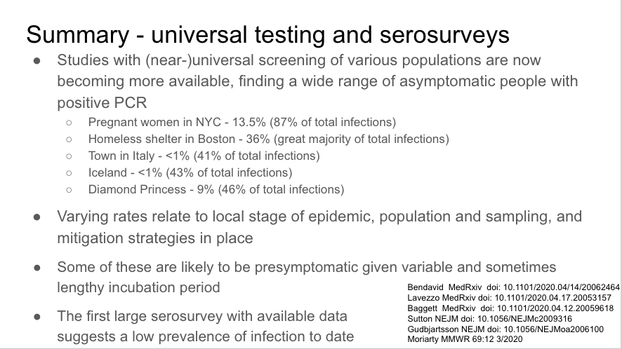 Summary slide - key points for universal testing and serosurveys, with references.