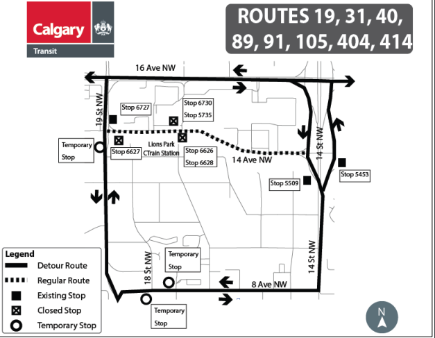 calgarytransit's tweet photo. #CTRiders DETOUR #Route19 #Route31 #Route40 #Route89 #Route91 #Route105 #Route404 #Route414 Thursday, April 23 until 5 PM 14 Avenue between 14 - 19 Street N.W. is closed for sidewalk construction. Stop# 6730, 6626 &amp; 6627 are temporarily closed. https://t.co/G5bwBXxwnE https://t.co/BGYpuXecXB