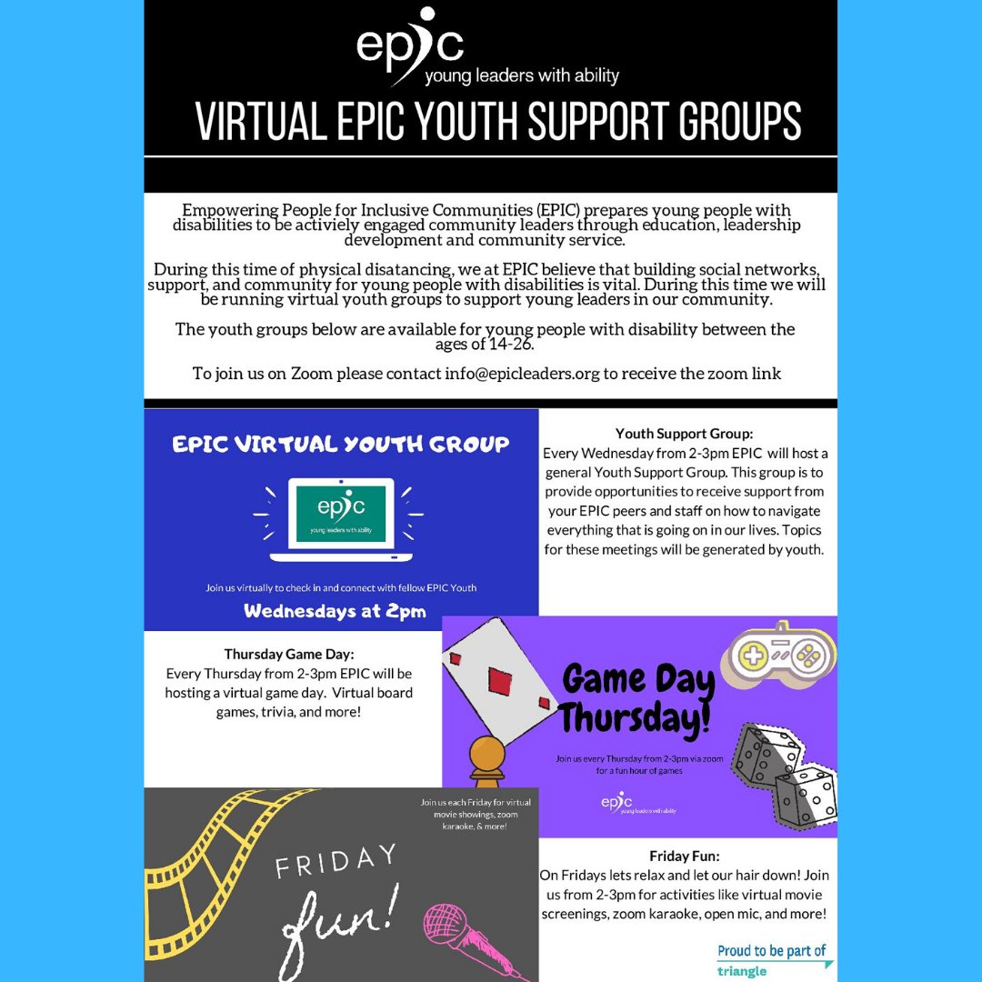 ZiaADVNetwork's tweet photo. Our wonderful partners at Empowering People for Inclusive Communities (EPIC) are offering virtual support groups! Please check out and share!

We also encourage you to follow EPIC's social media pages:
Facebook &amp; Instagram: @epicleaders
Twitter: @EPIC_Leaders https://t.co/H8BRzf5nGa