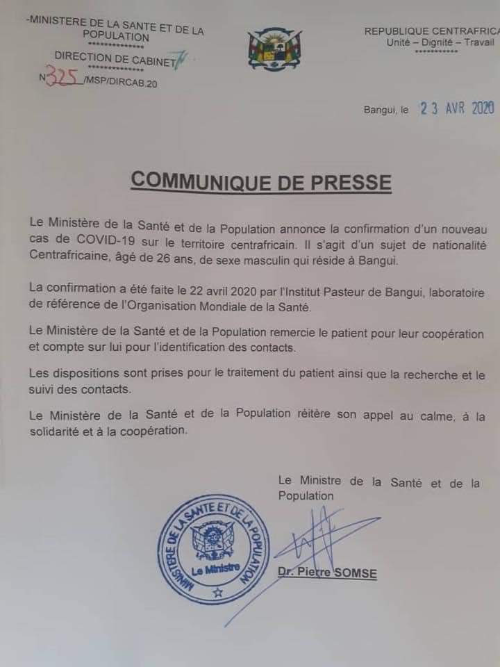 NdotigaR's tweet photo. Encore un nouveau cas de Covid-19 sur le territoire Centrafricain.@MarcelinRidja @OMSCentrafrique @inesngopot @UN_CAR @erickngaba https://t.co/FZObOemxvp