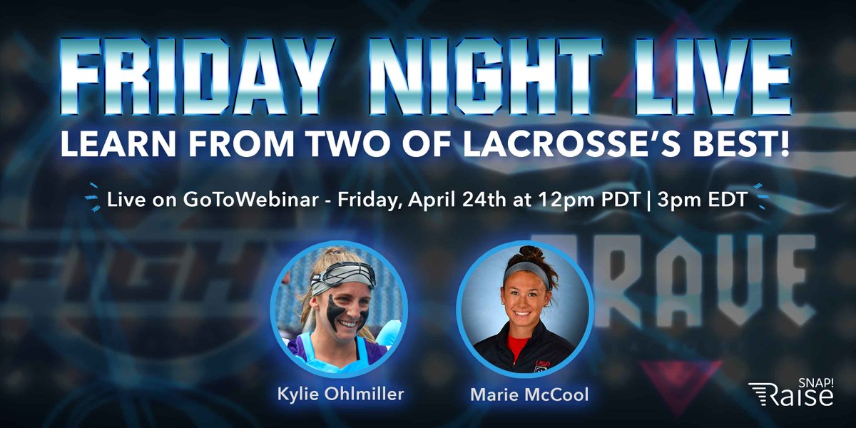 onsnapmobile's tweet photo. Snap! Raise welcomes Women's Professional Lacrosse League stars, Kylie Ohlmiller and Marie McCool to Friday Night Live Friday, April 24th at 12 PM PT/3 PM ET to discuss lacrosse technique, their path to the pros and much more.
Register: https://t.co/eROEHtLuJd
#lacrosse #WPLL https://t.co/2XZHxHjXkF