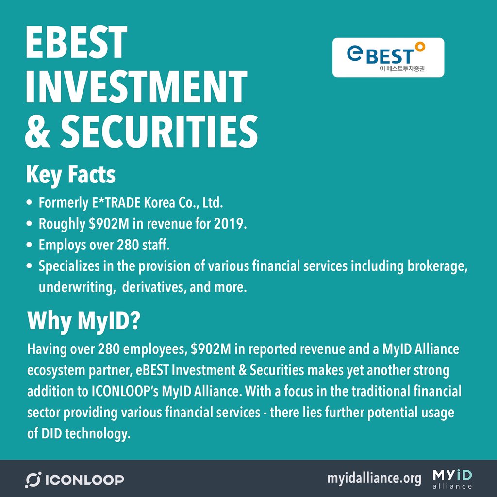 eBEST Investment & Securities - a large securities company with over $900M in reported revenue for 2019. Another strong addition to  #ICONLOOP’s MyID Alliance.  #ICONProject  #Crypto  #Blockchain  $ICX
