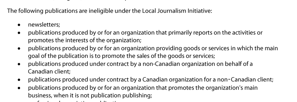 But then when we went to check criteria for the latest round of applications, there was this new and weirdly specific line in there. No "pop-up journalism organizations." Of which there was ONE in Canada (correct me if I'm wrong on that). Screenshots of 2019 vs 2020 criteria