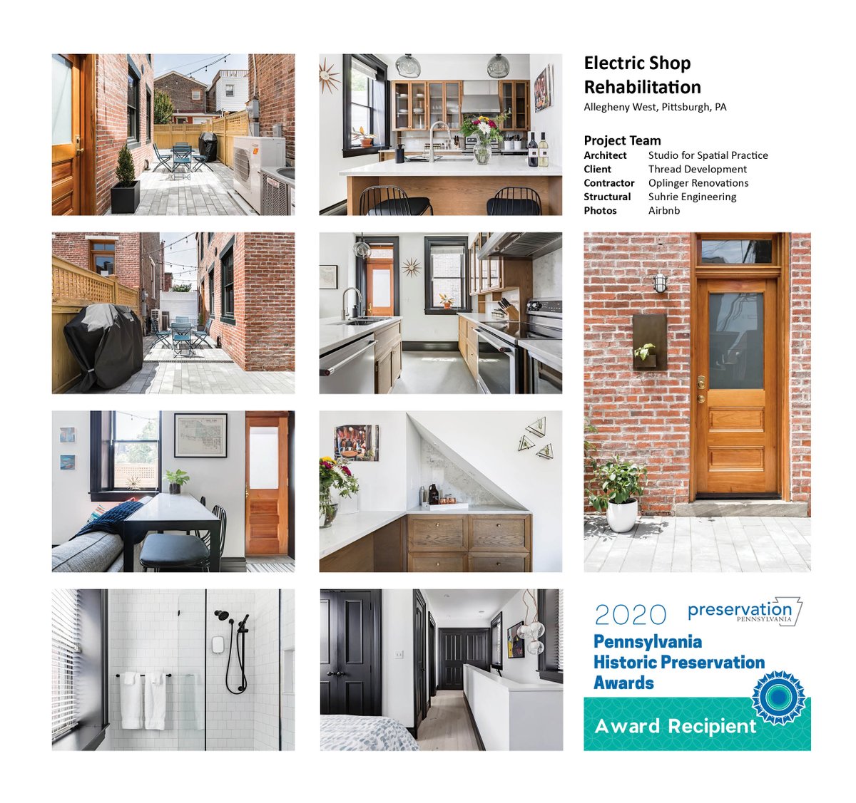 Excited to announce our Electric Shop Rehabilitation Project won a 2020 Pennsylvania Historic Preservation Award! We saved this 1895, 2-story brick alley building in Allegheny West from collapse, restored the exterior, &amp; refreshed the interior into a residence. Thanks <a href="/PresPA/">PreservationPA</a>!