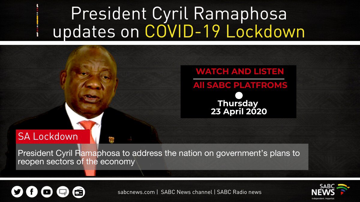 President Cyril Ramaphosa to update the nation tonight on the Covid-19 Lockdown. #COVID19 #CoronaVirusSA #SABCNews 

Live Stream: youtube.com/watch?v=WwFins…