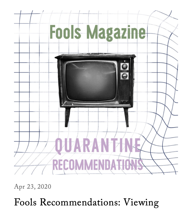 FoolsMag's tweet photo. Check out Fools' official quarantine recommendations for reading, viewing, and listening, curated by staff specially for you 📚🔊🃏🎞

https://t.co/gJUNyxIDm3 https://t.co/kfDxOf5g9Y