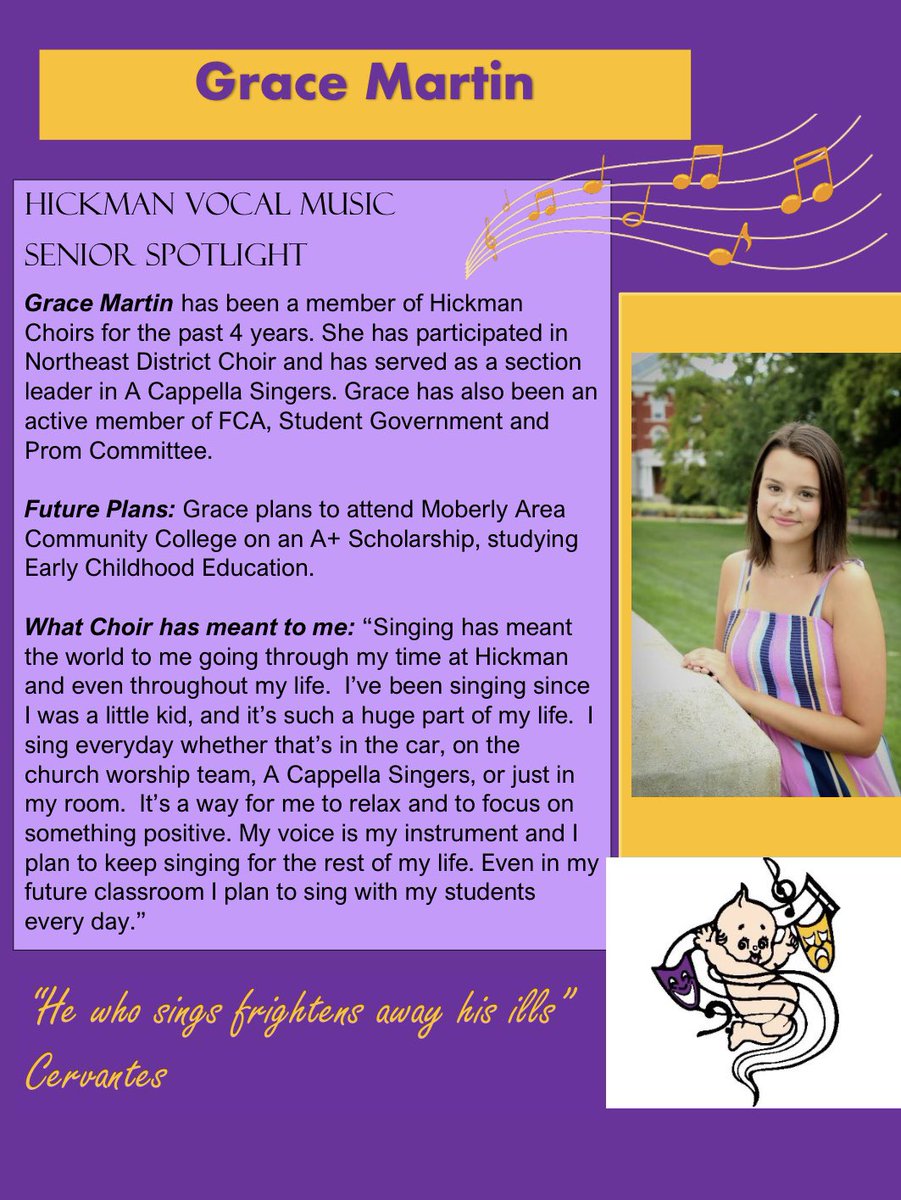 It is my pleasure to begin shining the spotlight on our awesome choir seniors. Grace Martin has been singing in Hickman choirs for 4 years. I am grateful to her for sharing her talents and for being such a kind and positive influence in the classroom. #WeAreHickman #cpsfinearts