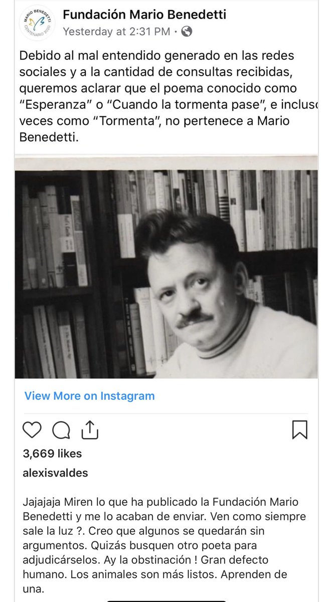 MiliLeon's tweet photo. @CarlosVerareal Hola Carlos, ese poema no es de Mario Benedetti, es de el Cubano Alex Valdez. https://t.co/UtajCyW6i0