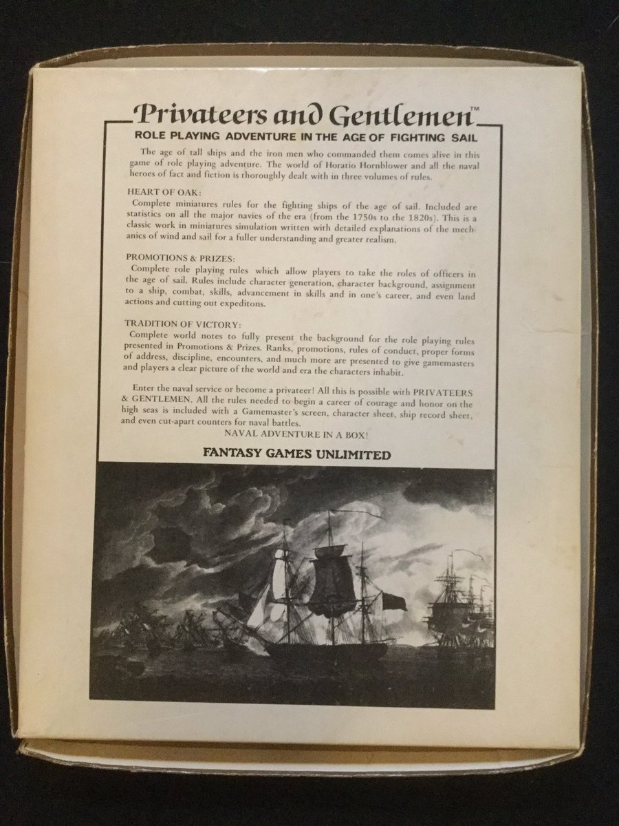 Today’s game is Privateers & Gentlemen (1983) from FGU. Before he became a scifi writer, Walter Jon Williams designed a Napoleonic naval miniatures game called Heart of Oak (1978) and wrote a series of historical novels set in the same era.  #CuratedQuarantine