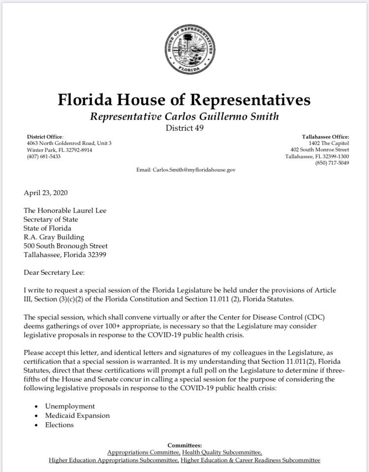 CarlosGSmith's tweet photo. ENOUGH IS ENOUGH! I’m joining Democratic colleagues to officially demand lawmakers return to Tally to:
✅ Fix/expand/pay unemployment
✅ Expand Medicaid to uninsured
✅ Expand vote-by-mail elections
If WWE is essential in a pandemic, so is legislative action to help Floridians! https://t.co/ffftDjogiw