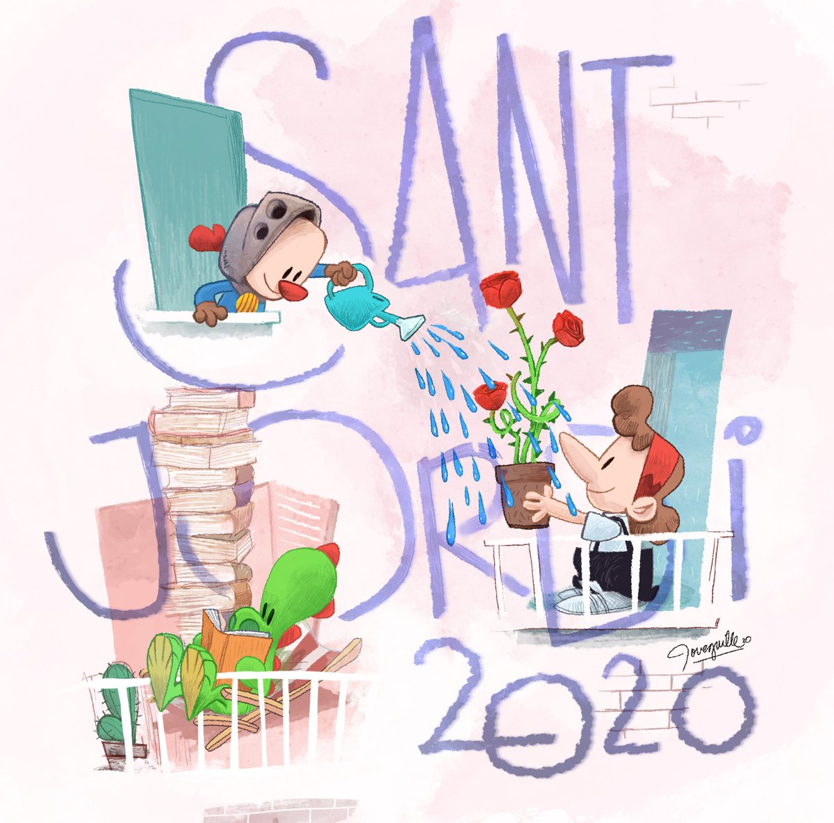 Preciosa ilustración de @joveguille para este atípico  #SantJordi2020 en confinamiento