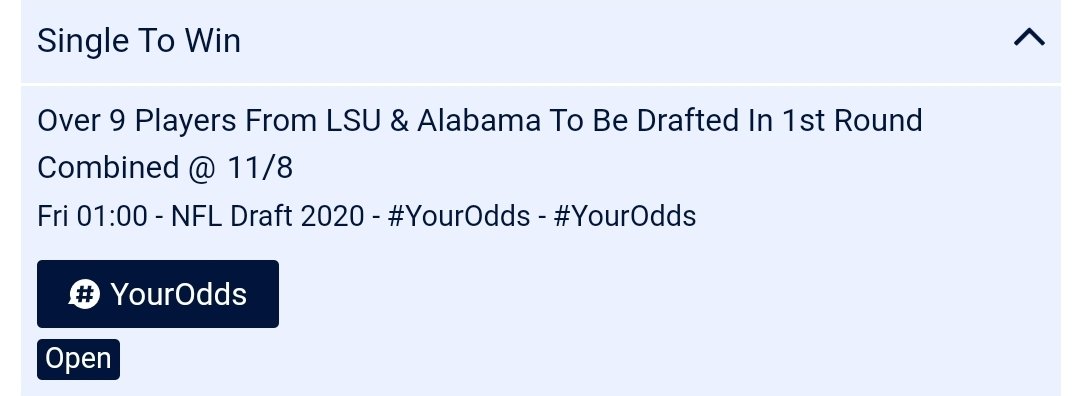 Last 2 #NFLDraft bets from me

1st one I requested myself, I really like it.

2nd one has a great chance. I have counted 9 definites drafted so would only need 1 more from a lot of options.