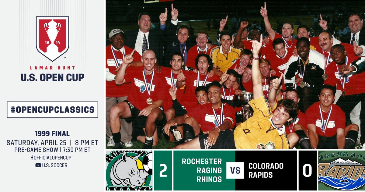 opencup's tweet photo. #OpenCupClassics 🚨⚽️🦏 

'99 Final: @RochesterRhinos v @ColoradoRapids 

Saturday 8pm ET: (@ussoccer YT &amp; @opencup FB) 

#USOC #StayHome #BendTheCurve #CUPSET | 🏆 https://t.co/HBAk49GJKf